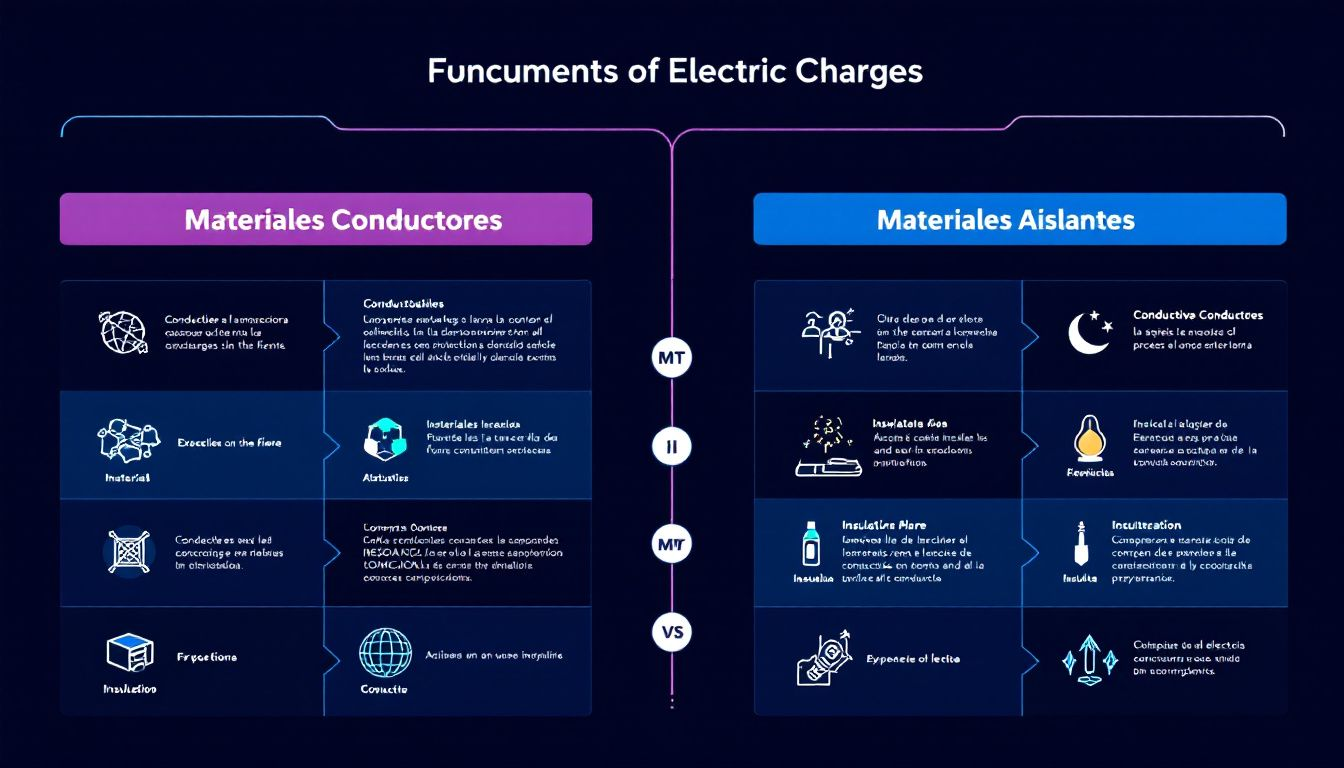 Materiales conductores y aislantes en una tabla comparativa.